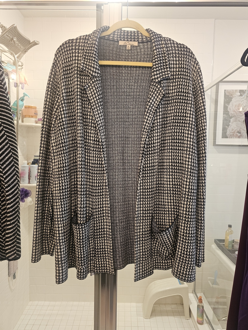 Open-Front Houndstooth Blazer Jacket - Black & White